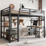 Lit mezzanine avec bureau et rangements sommier  lattes robuste chelle 4 marches fer + panneaux de ...