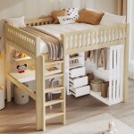 Lit mezzanine - 140 x 200 cm - avec bureau armoire et 3 tiroirs - bois pin / mdf naturel - avec �chelle ...
