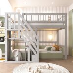 Lit mezzanine enfant - bois massif - escalier rangement int�gr� - gris - 1 place