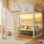 Lit mezzanine enfant 140�200 cm lit cabane bois avec lumi�re led �chelle de rangement moustiquaire et ...