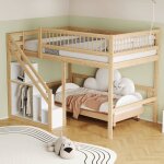 Lit mezzanine enfant 140200cm lit simple avec escalier de placard de rangement et garde - corps haut ...
