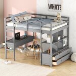 Lit mezzanine lit enfant 140 x 200 cm en pin avec bureau et tiroirs et 6 �tag�res - gris