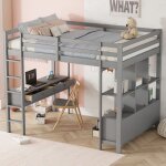 Lit mezzanine enfant 140x200 cm avec bureau int�gr� et 6 tiroirs cadre pin massif gris gain de place