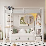 Lit mezzanine enfant 140x200 cm m�tal blanc avec bureau �tag�res et rangement ? sommier inclus (sans ...