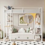 Lit mezzanine - langtu - 140x200 - m�tal blanc - avec bureau & armoire - sommier � lattes