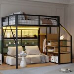 Lit mezzanine enfant 140x200 cm noir avec leds escalier rangement et armoire - id�al chambre ado - sans ...
