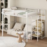 Lit mezzanine enfant 140x200cm - armoire int�gr�e - garde - corps mesh & �chelle avec main courante - ...