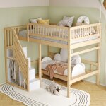 Lit mezzanine enfant 140x200cm - escaliers avec meuble de rangement - cadre de lit en bois massif - naturel ... Lit mezzanine enfant 140x200cm - escaliers avec meuble de rangement - cadre de lit en bois massif - naturel ...