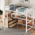 Lit mezzanine enfant 90 * 200cm lit mezzanine avec bureau en llit en fer avec 2 tiroirs lit enfant avec ...