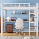 Lit mezzanine enfant 90 x 200cm lit loft lit simple m�tal avec bureau �tag�res rangement barri�re et ...