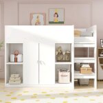 Lit mezzanine enfant 90x200 - blanc - rangements penderie �tag�res - �chelle et structure renforc�e - ...