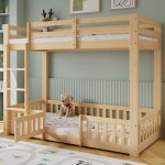 Lit mezzanine enfant 90x200 bois naturel en pin avec barri�res 4 c�t�s espace de jeu ferm� avec porte ...