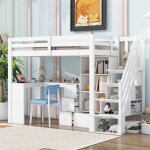 Lit mezzanine enfant 90x200 cm avec 4 tiroirs et escalier de rangement bureau et casiers - en bois massif ...