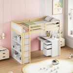 Lit mezzanine enfant 90x200 cm avec armoires de rangement bureau informatique multifonctionnel bois Lit mezzanine enfant 90x200 cm avec armoires de rangement bureau informatique multifonctionnel bois