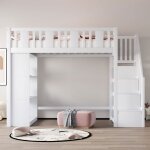Lit mezzanine enfant 90x200 cm bois blanc - escalier rangement grands compartiments fonctionnel pour ...