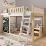 Lit mezzanine enfant avec tableau noir - merax - lit sur�lev� - 90x200 cm - blanc & bois naturel - �chelle ...