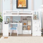Lit mezzanine enfant - 90x200 cm - bureau int�gr� - tiroirs - armoire ouverte