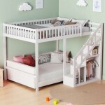 Lit mezzanine enfant 90x200 cm escaliers de rangement lit simple haute cl�ture bois massif blanc