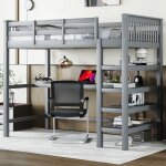 Lit mezzanine enfant 90x200 cm gris - bureau intgr & rangement certifi en747 pin massif & mdf charge ...