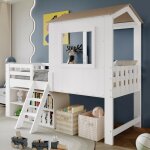 Lit mezzanine enfant 90x200 cm lit mi - hauteur lit cabane en bois forme maison avec toit fentre et ...