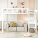 Lit mezzanine enfant 90x200 cm en pin avec escalier tagres de rangement et penderie simple - blanc
