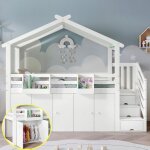 Lit mezzanine enfant 90x200 cm avec scurit en747 armoire + 5 rangements - blanc / verte - pin et mdf ...