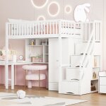 Lit mezzanine enfant 90x200 cm lit simple en bois avec bureau tagres tiroirs armoire et escalier de ...