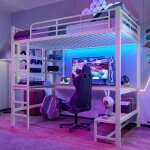 Lit mezzanine enfant 90x200 cm lit simple en fer avec bureau �tag�res bande led ports usb barri�re et ...