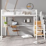Lit mezzanine enfant 90x200 cm avec table et armoire chelle latrale avec main courante fer + panneau ...