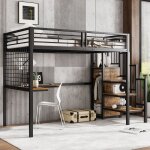 Lit mezzanine enfant 90x200 cm avec table et armoire chelle latrale avec main courante fer + panneau ...
