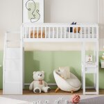 Lit mezzanine enfant 90x200 cm avec table - �chelle de rangement & cadre pin massif - blanc polyvalent ...