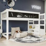 Lit mezzanine enfant 90x200 cm avec tableau blanc / noir rangement et protection anti - chute - blanc ... Lit mezzanine enfant 90x200 cm avec tableau blanc / noir rangement et protection anti - chute - blanc ...