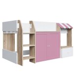 Lit mezzanine enfant 90x200 mi - hauteur avec rangement ouvert & �chelle - superpos� bois massif couleur ...