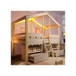 Lit mezzanine enfant 90x200 structure bois massif sécurisée design cabane rangement led Lit mezzanine enfant 90x200 structure bois massif sécurisée design cabane rangement led