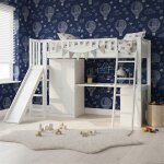 Lit mezzanine enfant 90x200 avec toboggan bureau et armoire - bois massif blanc - lit combin� multifonction ...