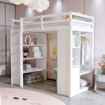 Lit mezzanine pour enfant 90x200cm avec chariot de rangement amovible lit 1 personne avec �tag�res lit ...