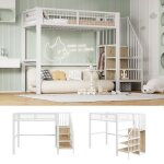 Lit mezzanine enfant 90x200cm - armoire int�gr�e - garde - corps mesh - escalier de rangement - blanc ...