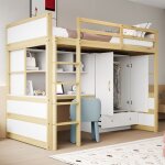 Lit mezzanine enfant 90x200cm - redom - avec bureau penderie et tiroirs - bois naturel sans matelas