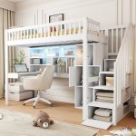 Lit mezzanine enfant 90x200cm lit simple bois avec bureau �tag�res �chelle de rangement 3 portes 3 compartimen ...