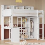 Lit mezzanine enfant blanc avec bureau&armoire - scurit 4 cts&tagres de rangement - bois fsc - ...
