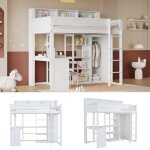Lit mezzanine enfant blanc avec bureau&armoire - sécurité 4 côtés&étagères de rangement - bois fsc - ... Lit mezzanine enfant blanc avec bureau&armoire - sécurité 4 côtés&étagères de rangement - bois fsc - ...