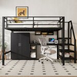 Lit mezzanine lit enfant double 140x200 cm armoire �tag�res �chelle de rangement bureau noir
