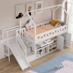 Lit mezzanine enfant avec escalier lit cabane mi hauteur 90x200 avec toboggantiroirs armoire et portes ...