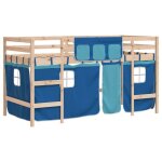 Lit mezzanine enfants - jill - 90x190 cm - bois de pin massif - rideaux inclus - bleu - hauteur de couchage ...
