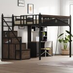 Lit mezzanine enfant en m�tal 140x200cm lit adulte lit double avec �chelle de rangement barri�re et sommiers ...
