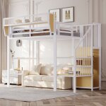 Lit mezzanine enfant mtal 90x200 cm lit simple lit loft avec chelle de rangement armoire tagres et ...