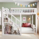 Lit mezzanine enfant scuris barreaux toiles + escalier rangement 140x200cm bois de camphre blanc design ...
