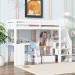 Lit mezzanine lit enfant simple 90x200 cm garde - corps bureau tiroirs armoire de rangement ouverte escabeau ...