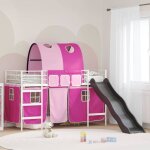 Lit mezzanine enfant - vidaxl - blanc / rose - toboggan int�gr� - rideaux inclus - acier robuste - 105x205x116 ...