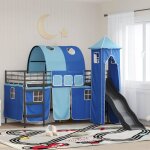 Lit mezzanine enfant - vidaxl - noir et bleu - m�tal robuste - toboggan int�gr� - tour de jeu - rideaux ...